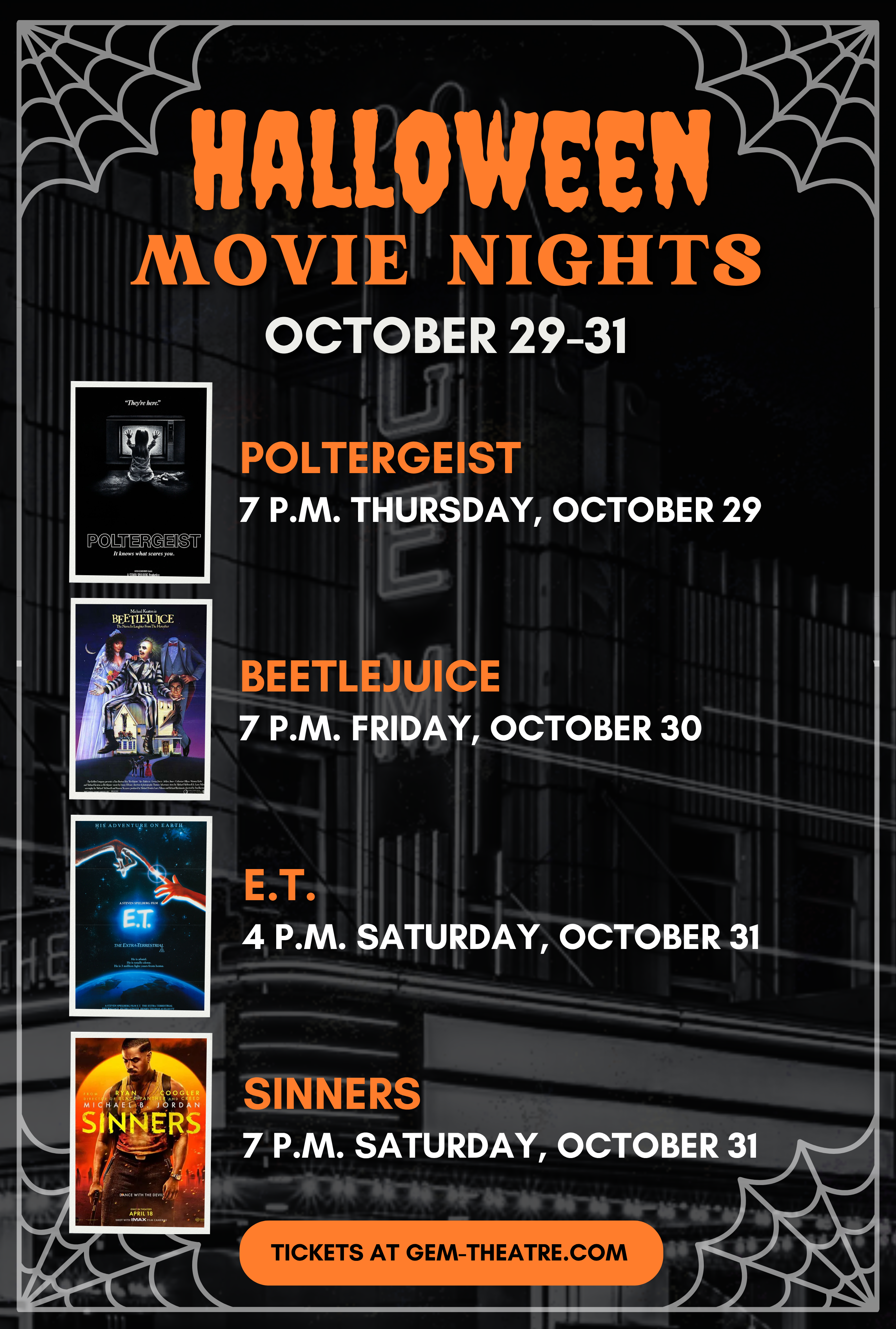 Halloween Movie Schedule: Poltergeist 7 p.m. October 29, Beetlejuice 7 p.m. October 30, E.T. 4 p.m. October 31, Sinners 7 p.m. October 31