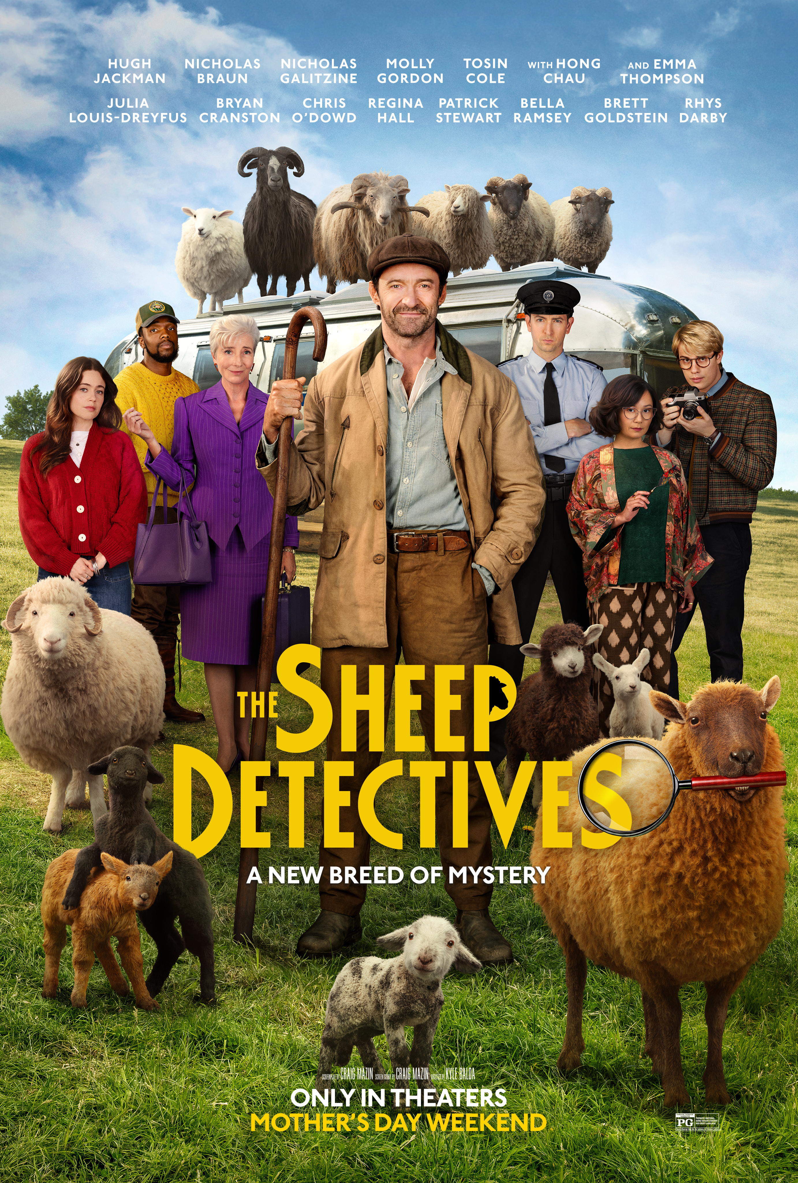 sheep detectives movie poster showing hugh jackman surrounded by sheep and other cast members