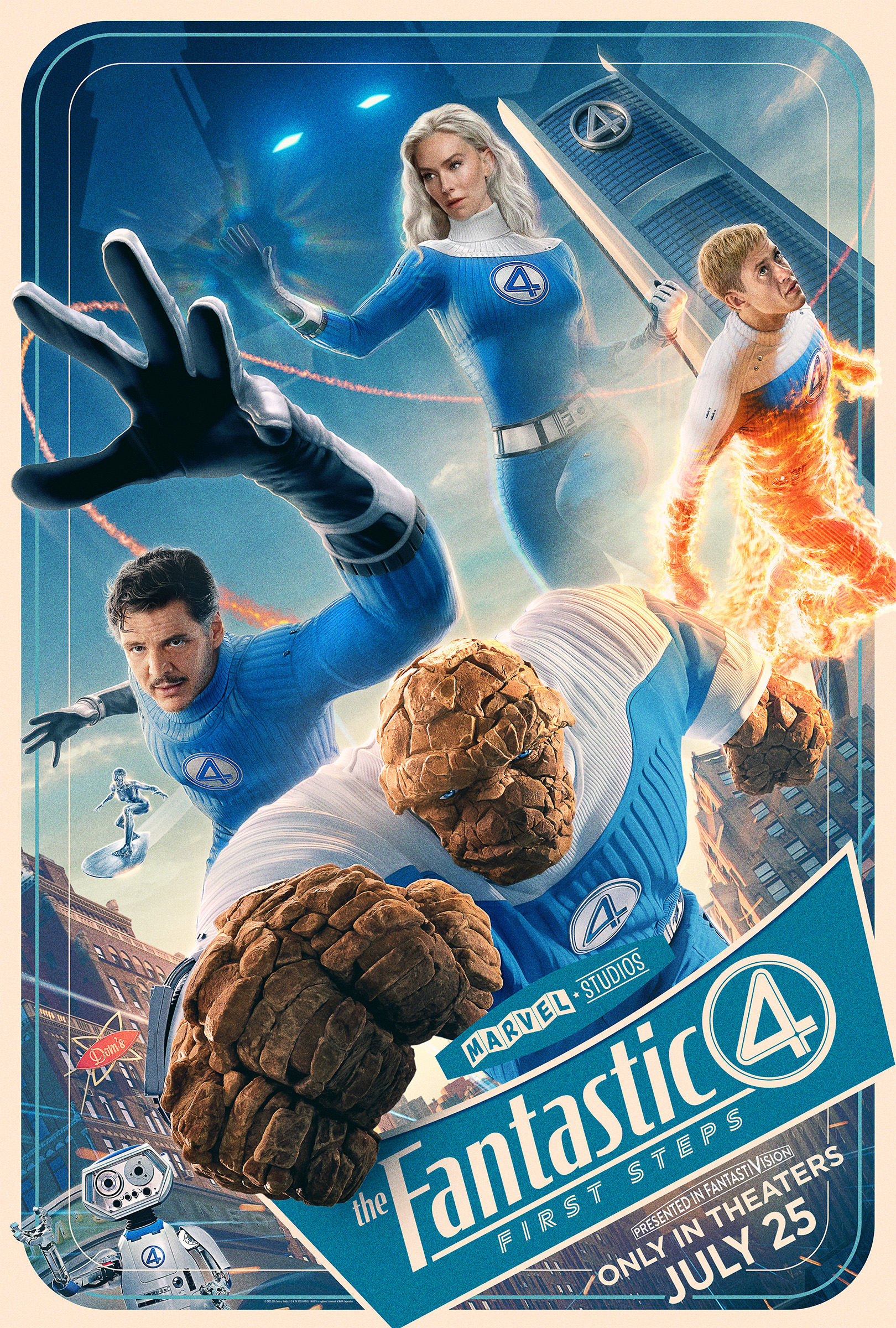 The Fantastic Four: First Steps movie poster, four heroes pose in front of city