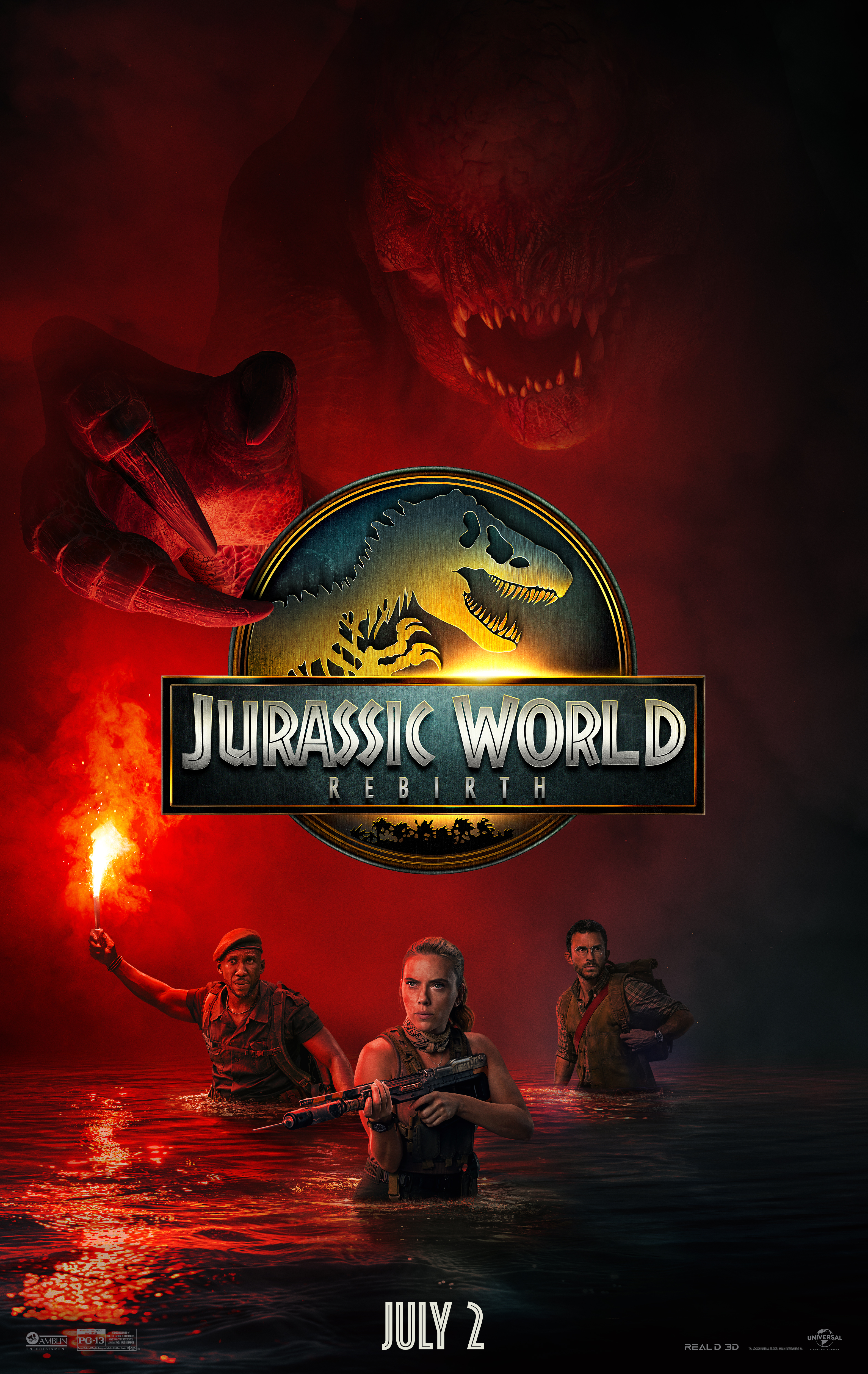 Jurassic World: Rebirth movie poster, red background with dinosaurs and trio of characters in a river