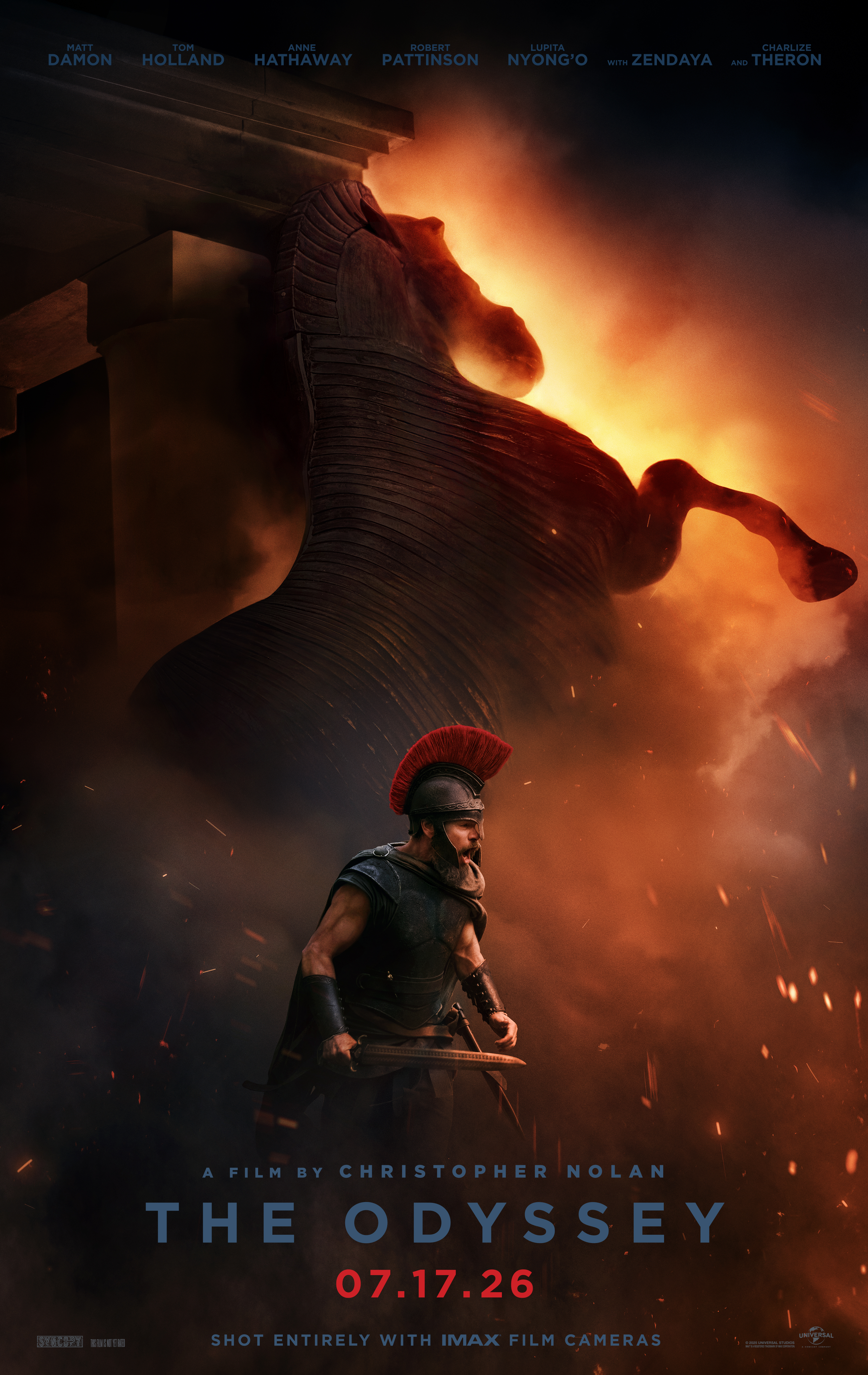 The Odyssey Poster showing Odysseus silhouetted in front of a large flaming horse