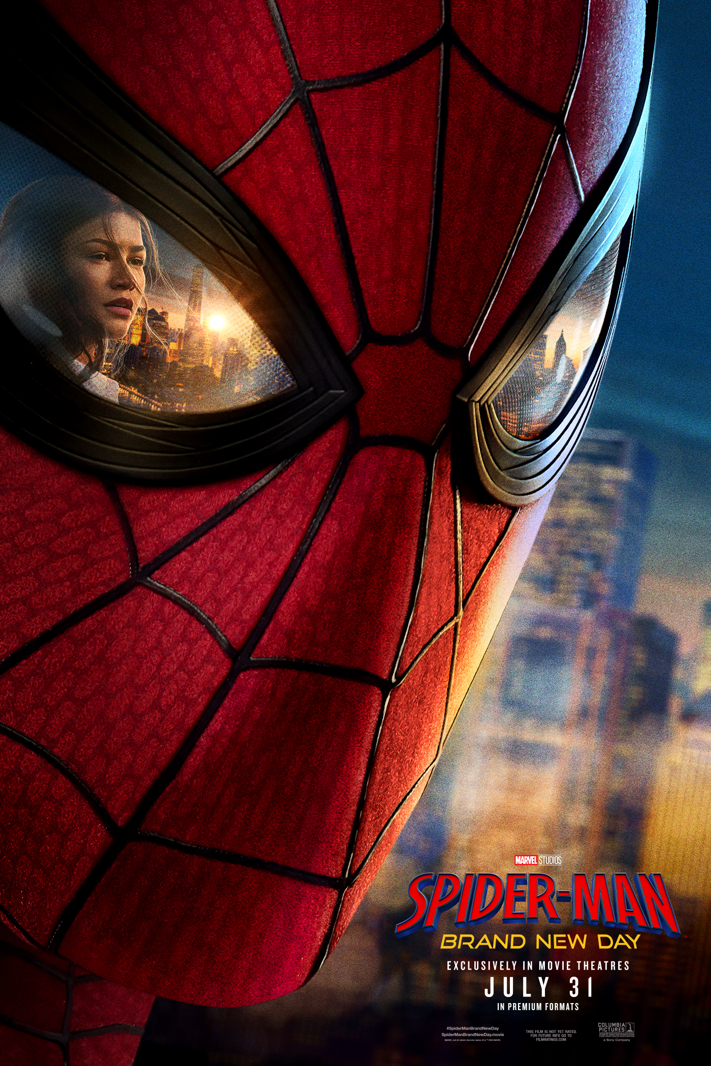 Spider-Man Brand New Day Movie Poster, close up of Spider-Man's face with his friends' reflection in the eyes of the mask