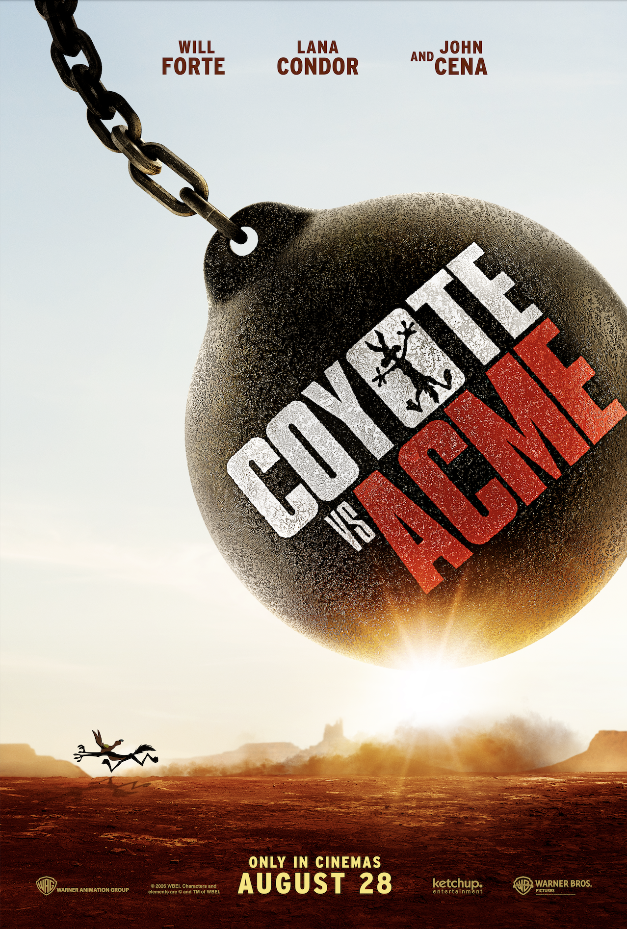 Movie poster with a huge wrecking ball swinging toward Coyote as he runs away